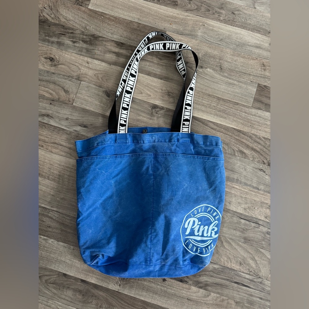 PINK Victoria's Secret Blue Canvas Tote with Black & White Logo Straps